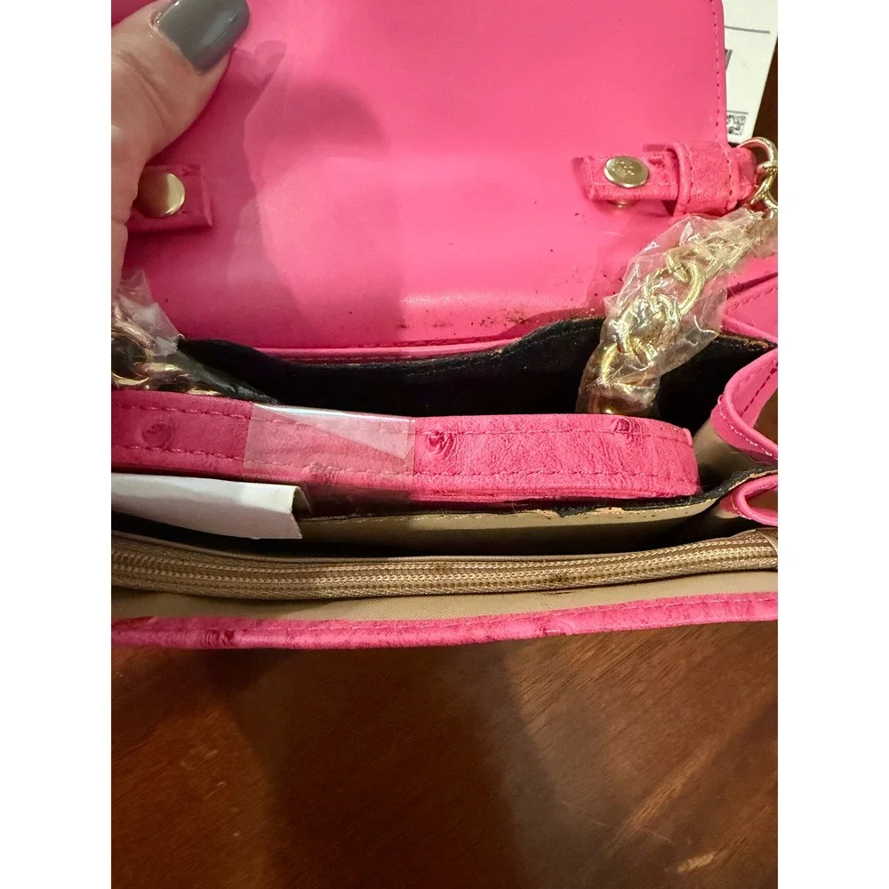 Buxton Pink Ostrich Embossed Wallet Clutch Crossbody Gold Chain Bag